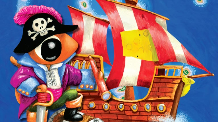 A cartoon mouse dressed as a pirate rests a foot on a treasure chest in front of a pirate ship on a blue background.